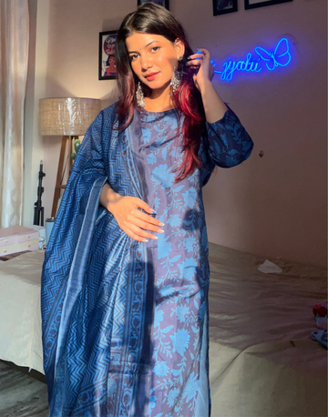 Blue Printed Straight Kurta Kurti With Pant And Dupatta