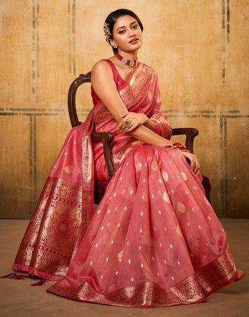 Coral Pink Silk Saree