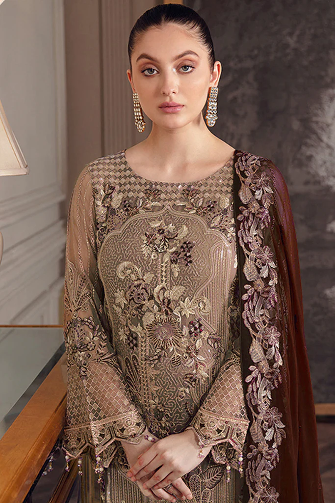 Dusty Chiku pakistani Suit With Contrast Heavy Work Dupatta