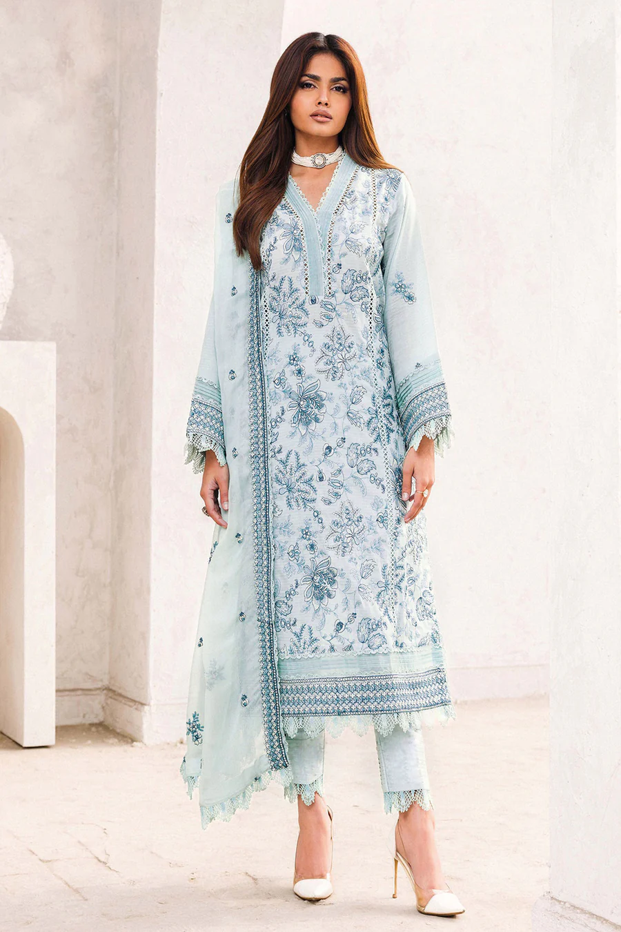 Heavy Cotton Light Sky Blue Salwar Kameez With Beautiful Naznin Dupatta