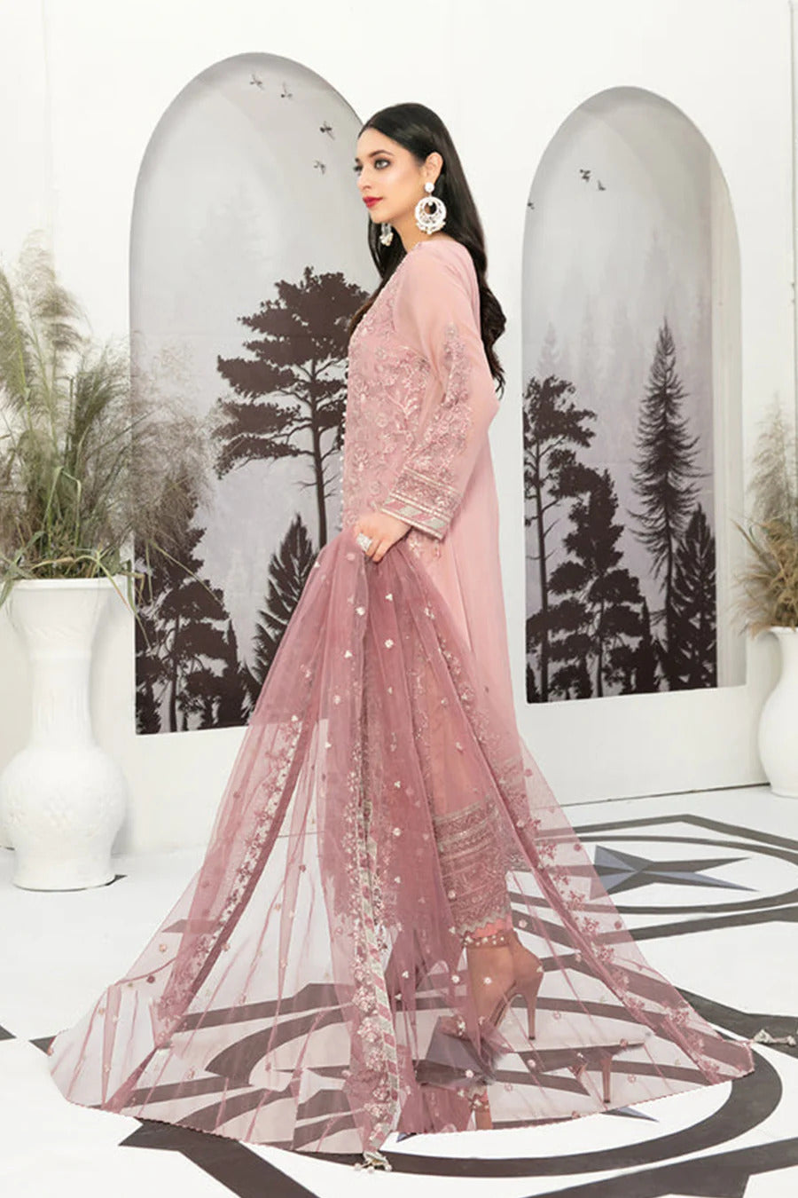 Peach Designer Salwar Kameez With Heavy Net Dupatta Work